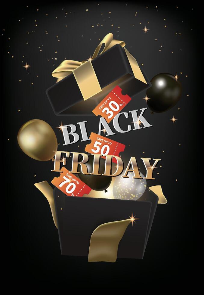 Open black surprise box with black friday balloons and discount coupons flying out of it, black friday sale vector