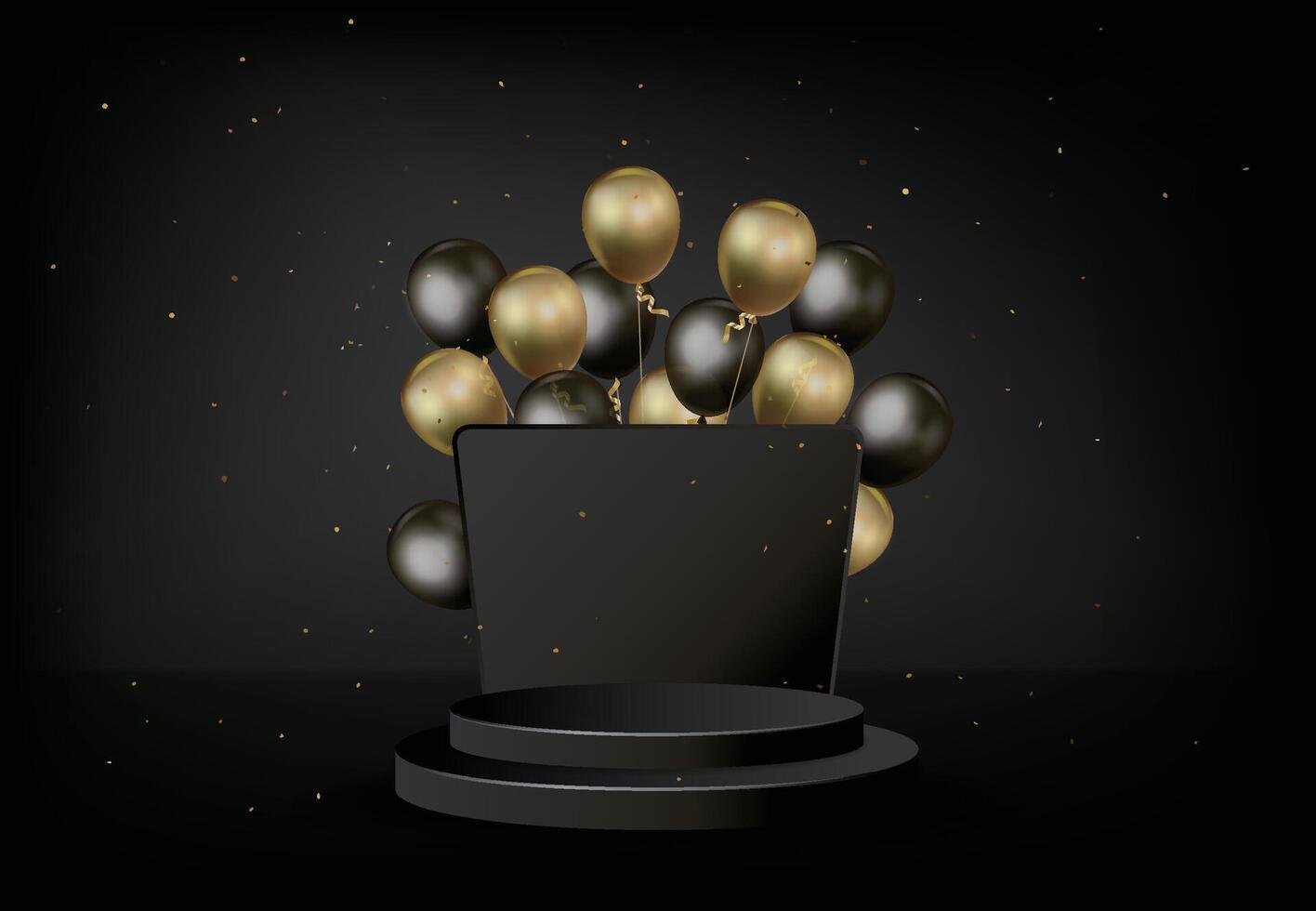 Black booth with gold and black balloon decoration on black background vector