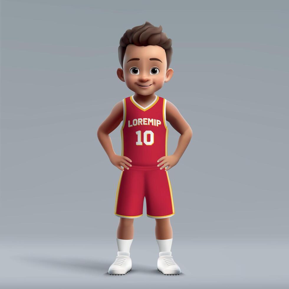 3d cartoon young basketball player in team kit. vector