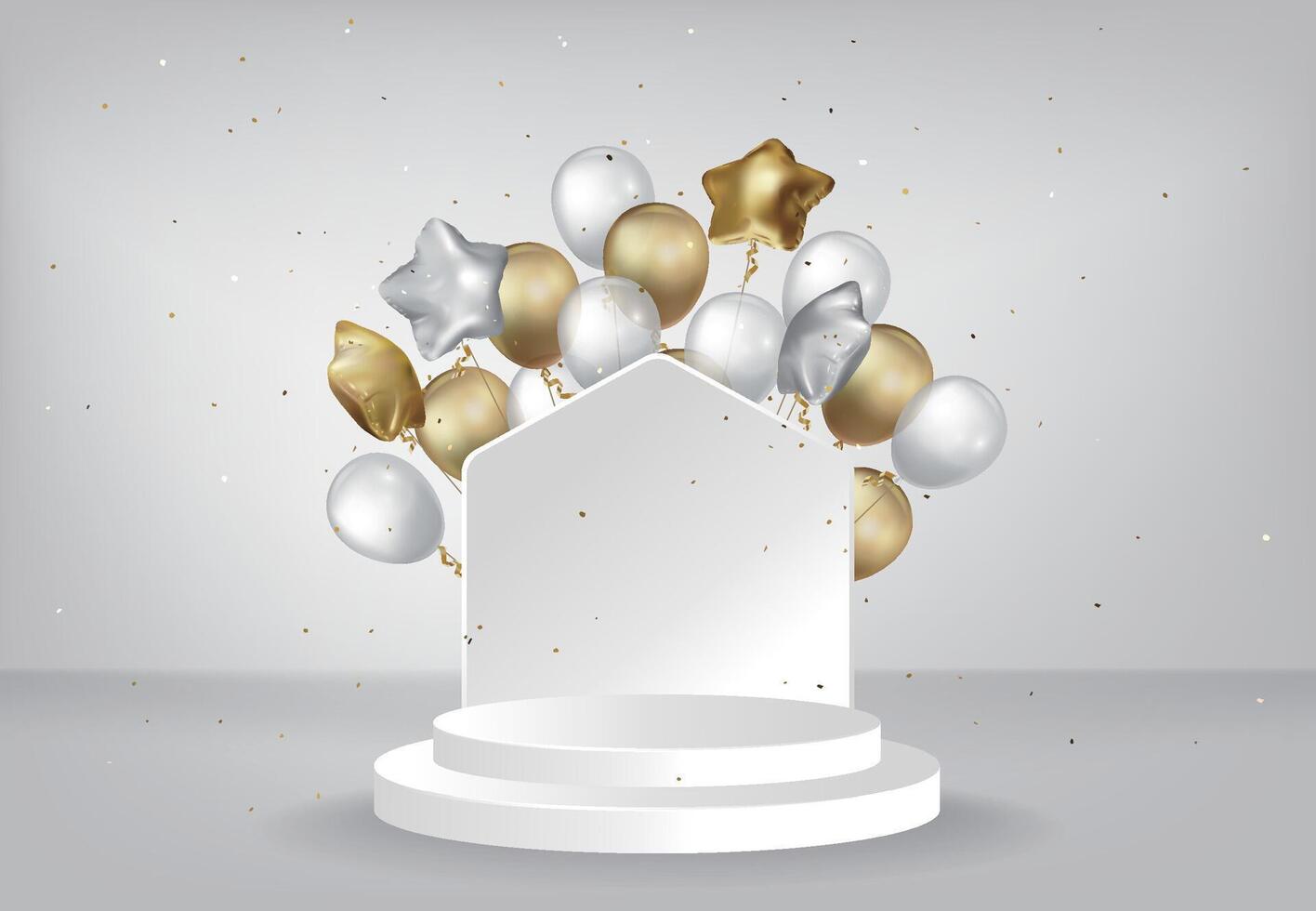 White booth decorated with gold and silver balloons on white background vector