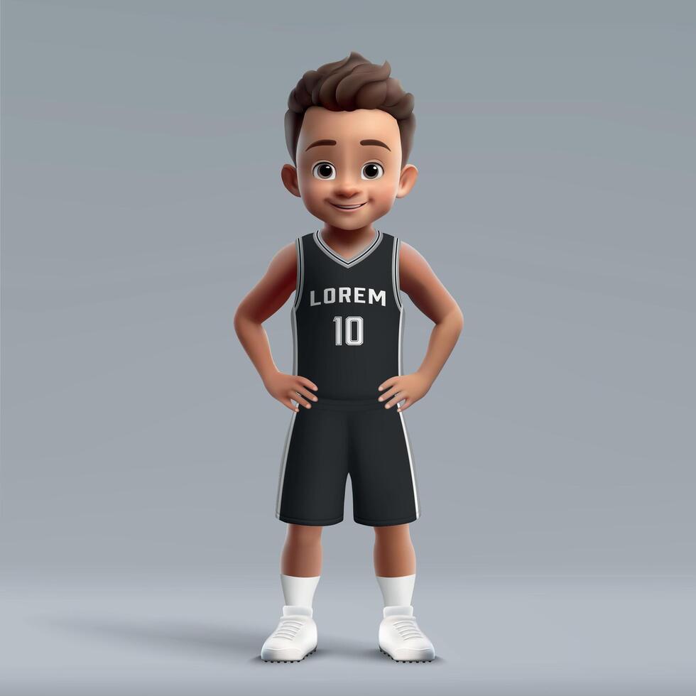 3d cartoon young basketball player in team kit. vector
