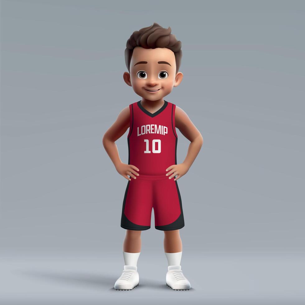 3d cartoon young basketball player in team kit. vector