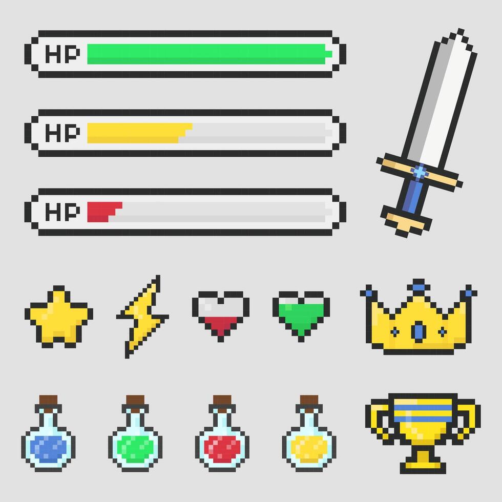 Retro Gaming elements 8bit pixel art style vector
