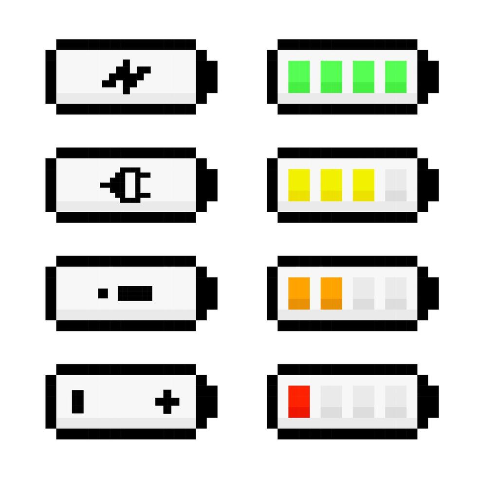 Set of battery Icons Pixel art style, battery status, downloading energy level icon vector