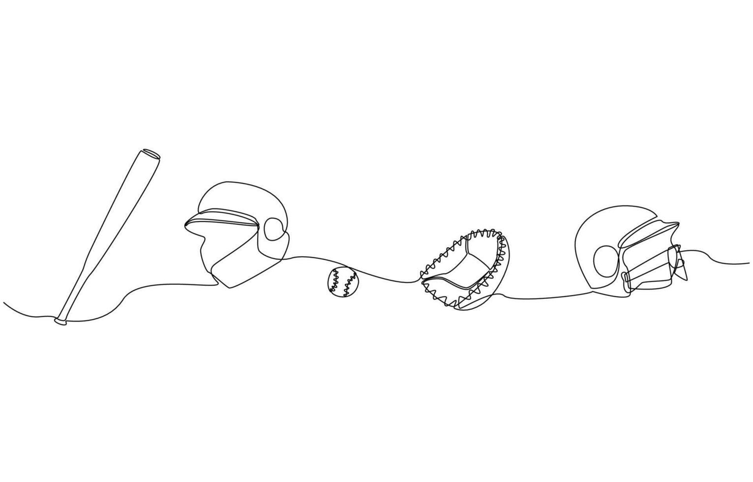 Continuous one line drawing of baseball bat, baseball, baseball helmet, catcher's mitt, and batting helmet with face guard, single line art. vector
