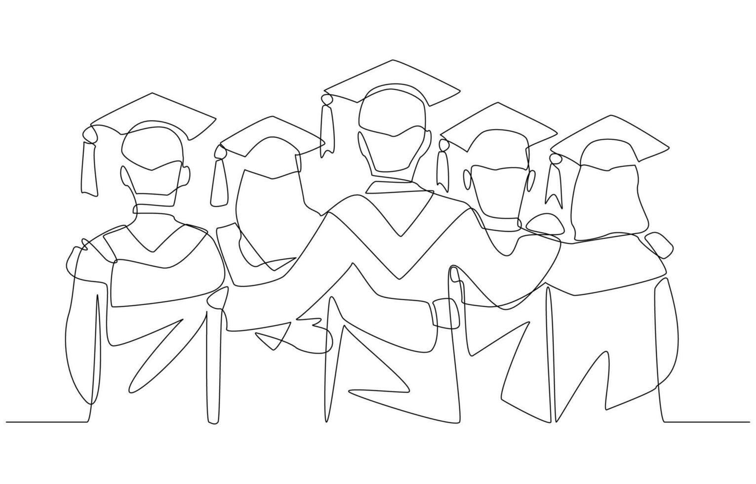 Continuous one line drawing of graduates standing with arms around each other from rear view, graduation ceremony concept, single line art. vector