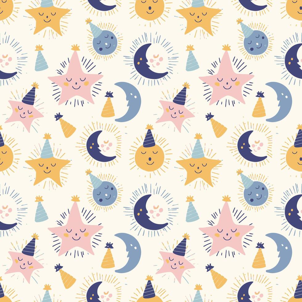 Seamless pattern with cute hand drawn moon, stars, clouds, party hats. vector