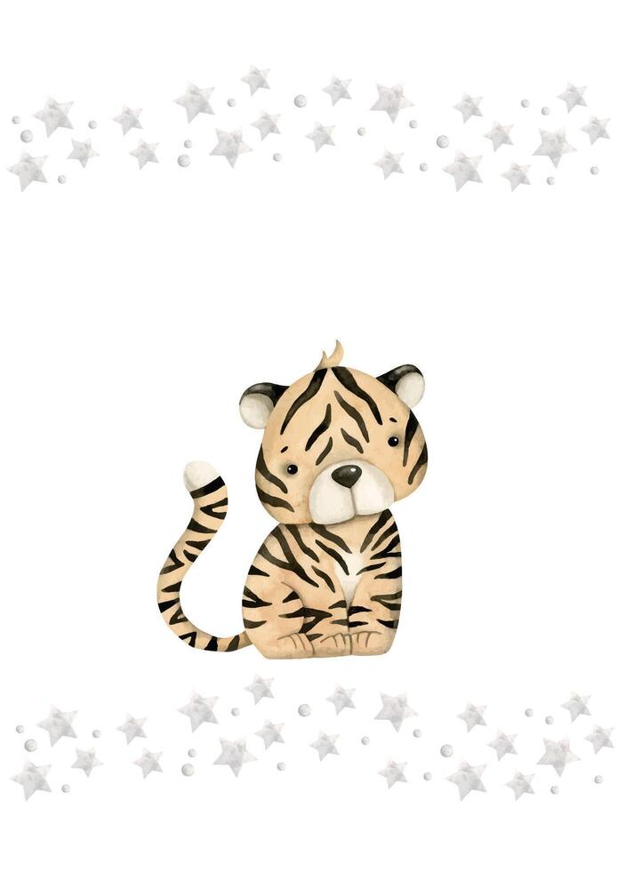 Safari watercolor hand-drawn illustration with baby tiger and stars for kids. Template for greeting cards or invintations vector