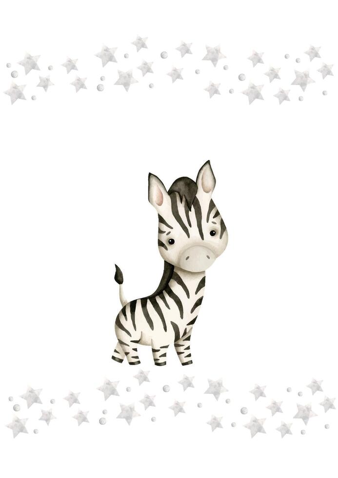 Safari watercolor hand-drawn illustration with baby zebra and stars for kids. Template for greeting cards or invintations vector