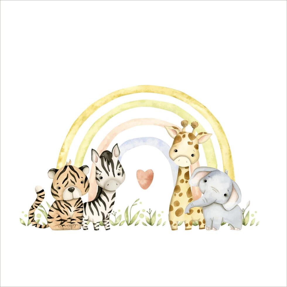 Safari watercolor hand-drawn illustration with baby elephant, tiger, zebra, giraffe and rainbow for kids vector