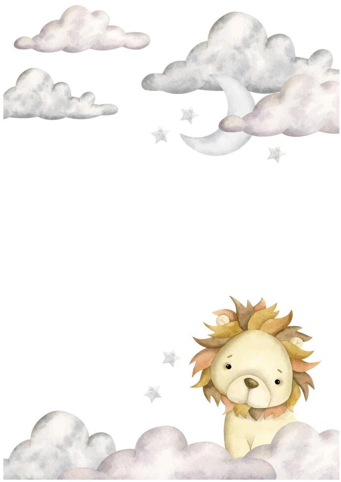 Safari watercolor hand-drawn illustration with baby lion, clouds, moon and stars for kids. Template for greeting cards or invintations vector