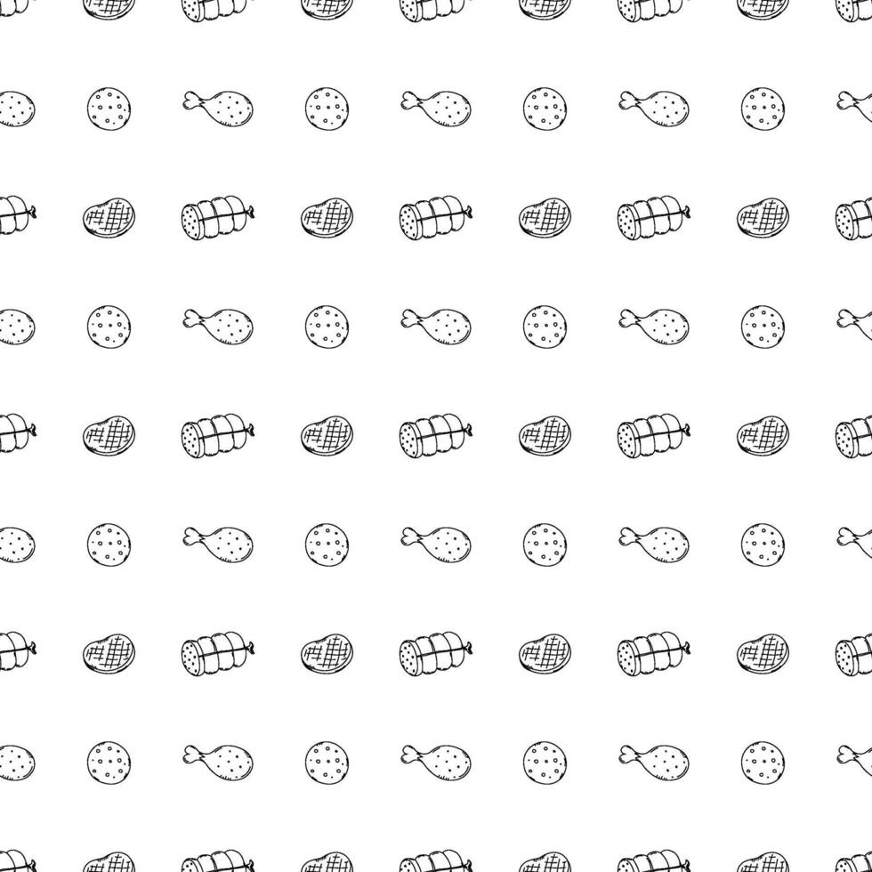 Seamless meat pattern. Doodle meat background. illustration with meat products icons vector