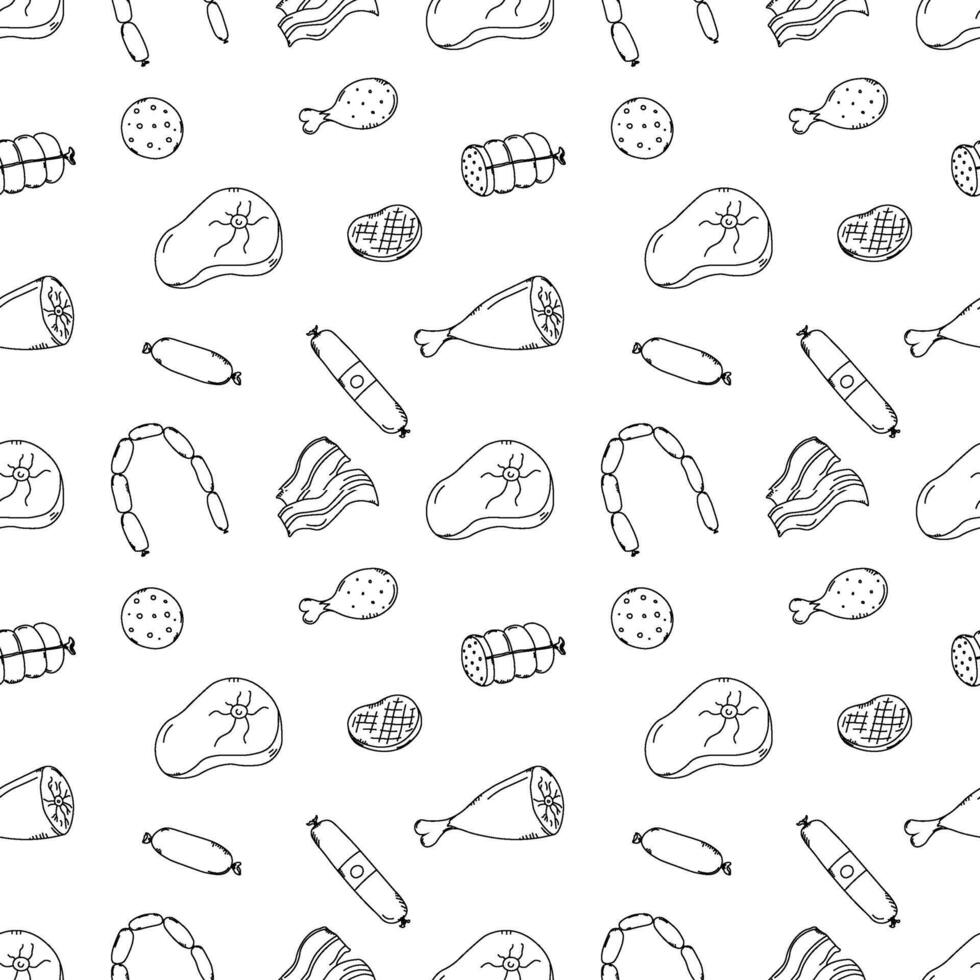 Seamless meat pattern. Doodle meat background. illustration with meat products icons vector