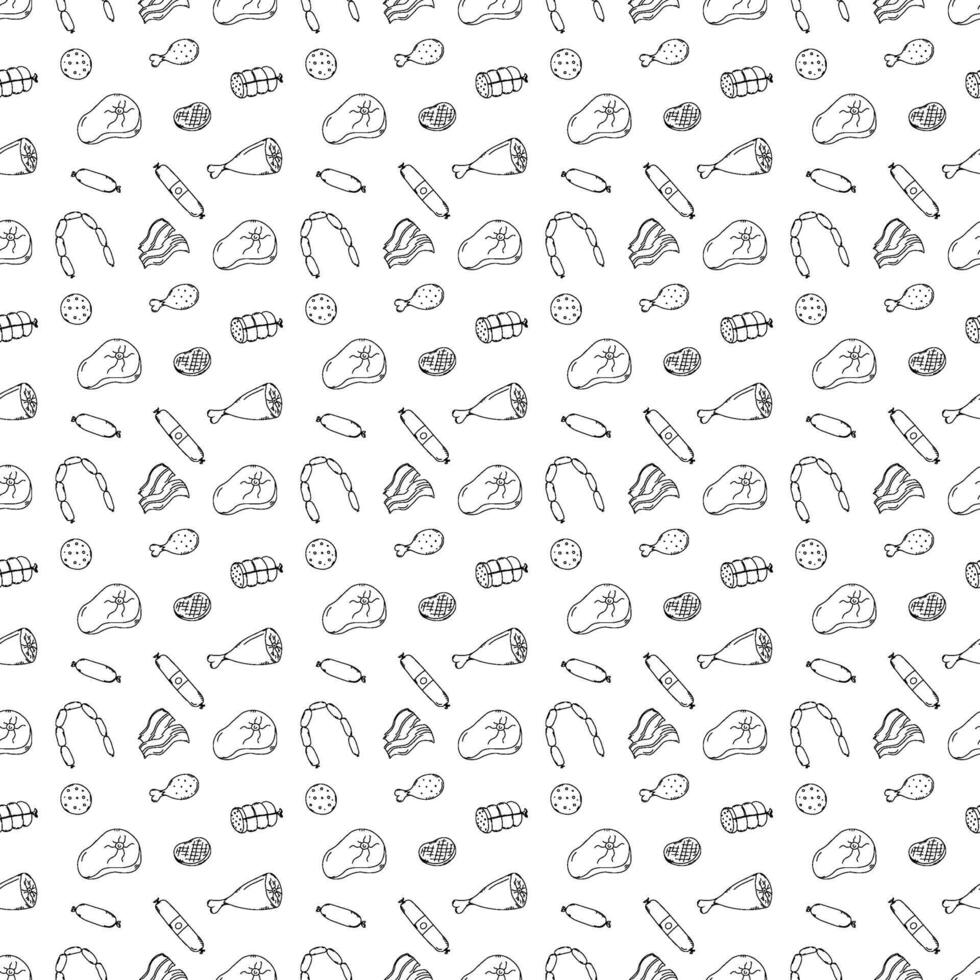 Seamless meat pattern. Doodle meat background. illustration with meat products icons vector