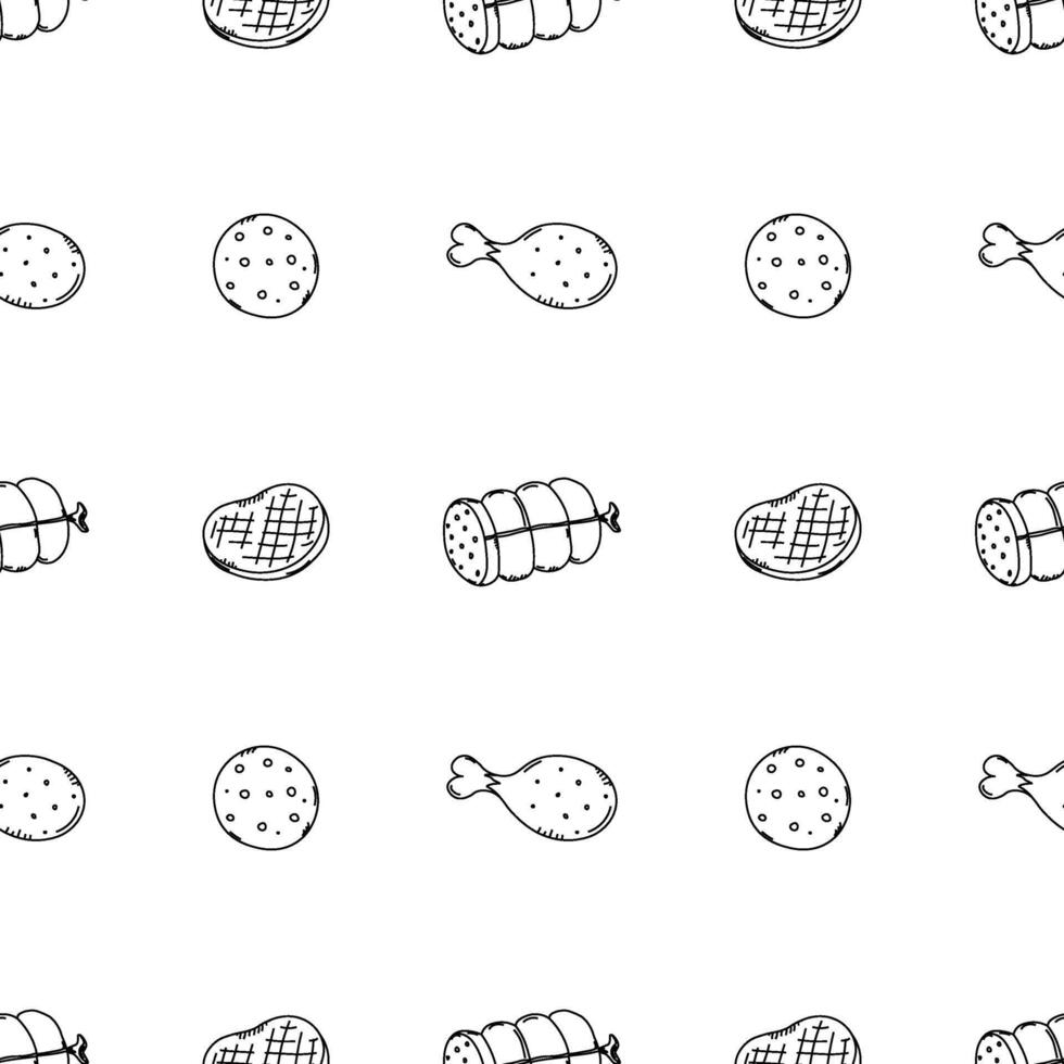 Seamless meat pattern. Doodle meat background. illustration with meat products icons vector