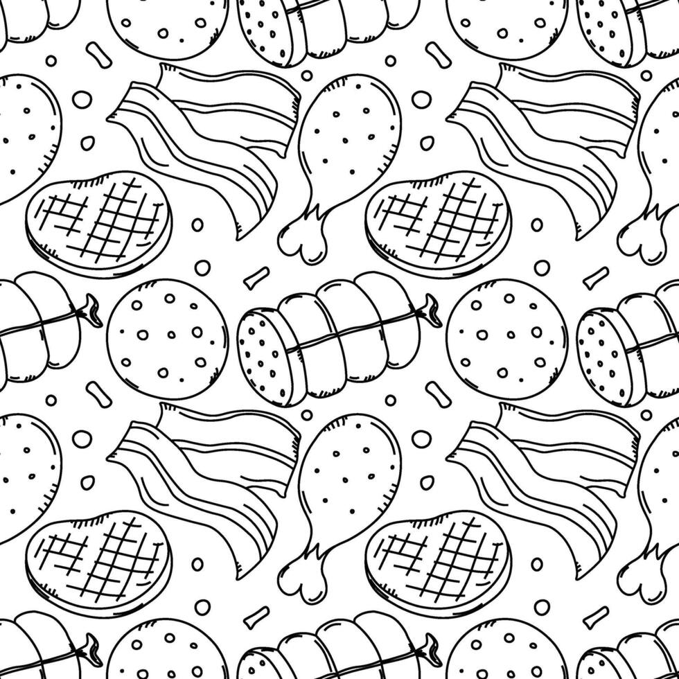 Seamless meat pattern. Doodle meat background. illustration with meat products icons vector