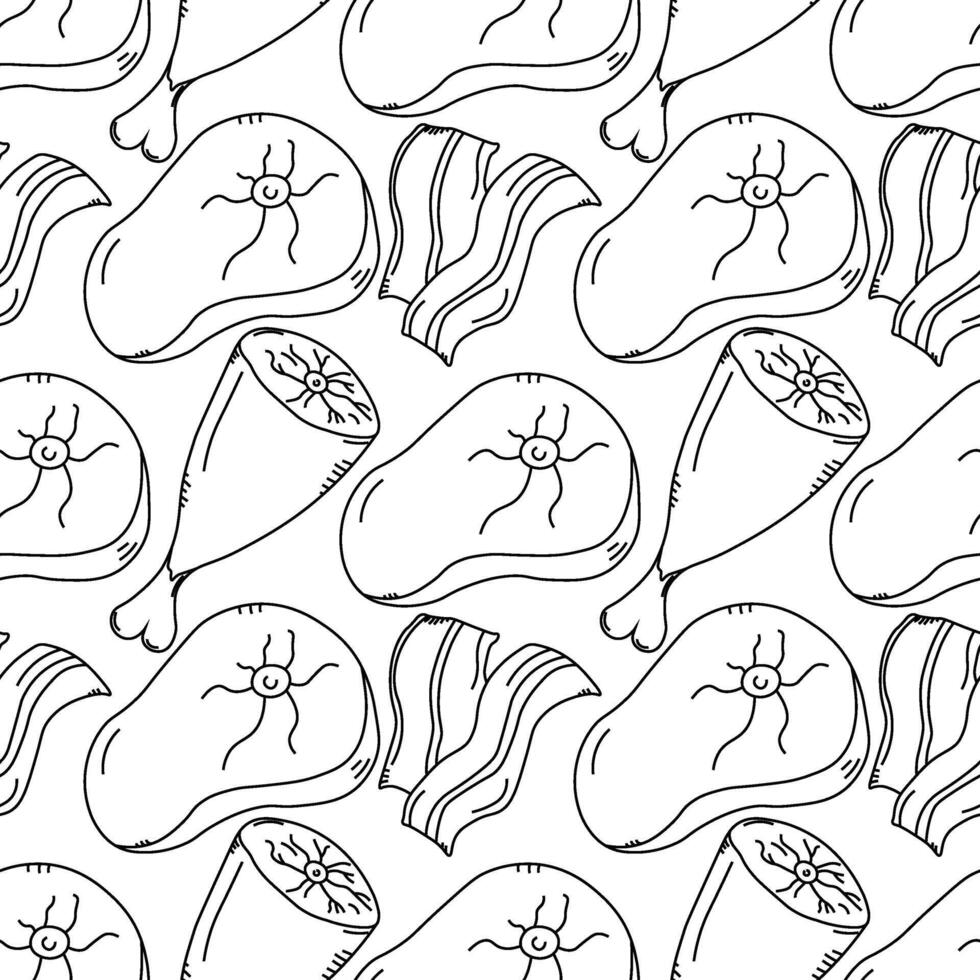 Seamless meat pattern. Doodle meat background. illustration with meat products icons vector