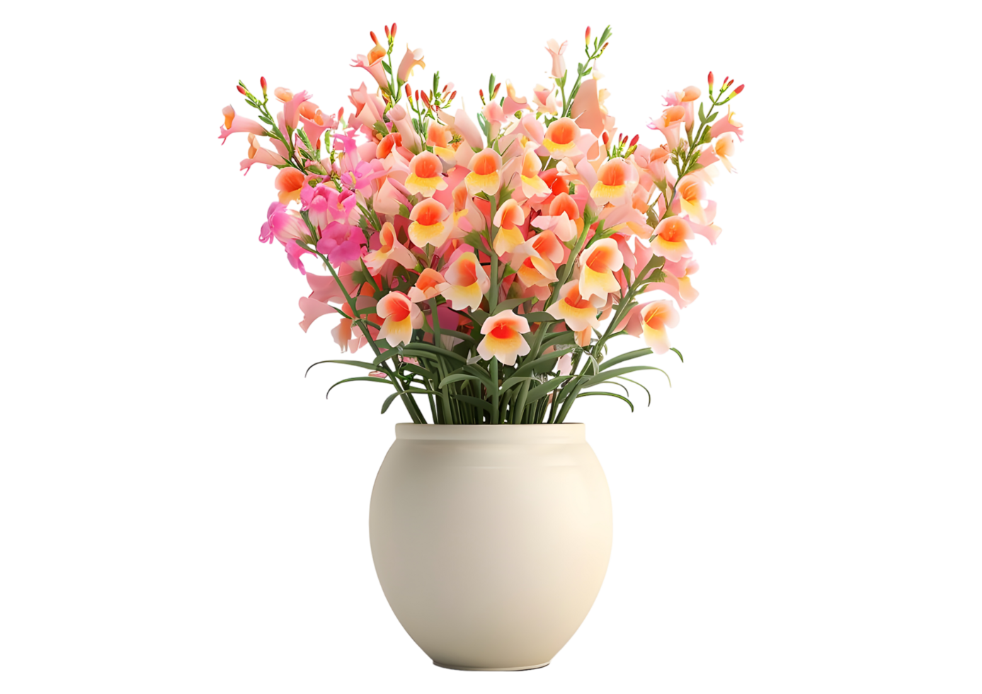 Bouquet of Pink and Yellow Flowers in a White Vase. Isolated on transparent background png