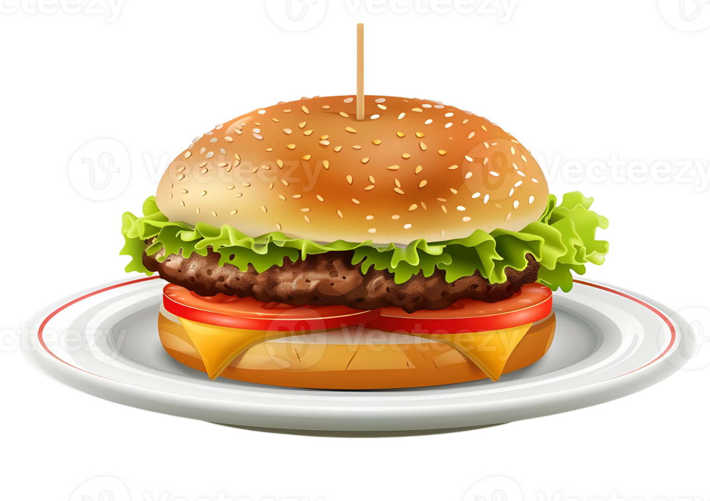 Tasty cheeseburger with fresh lettuce, tomato, and pickles. Isolated on a transparent background png