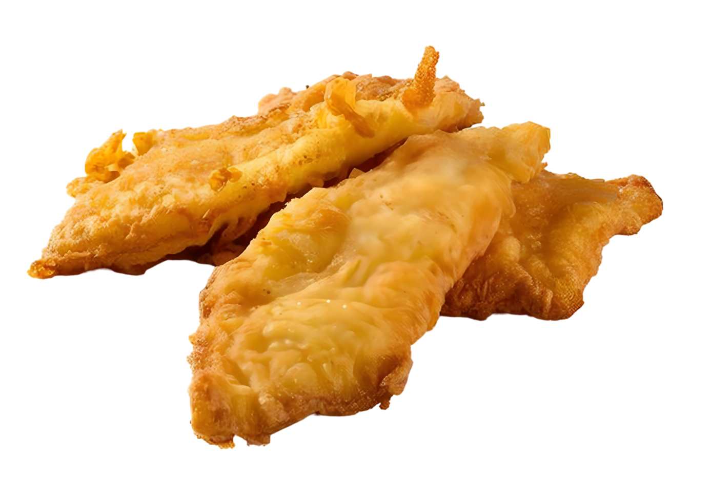 Crispy golden fried fish fillets with lemon wedges. Isolated on a transparent background. png