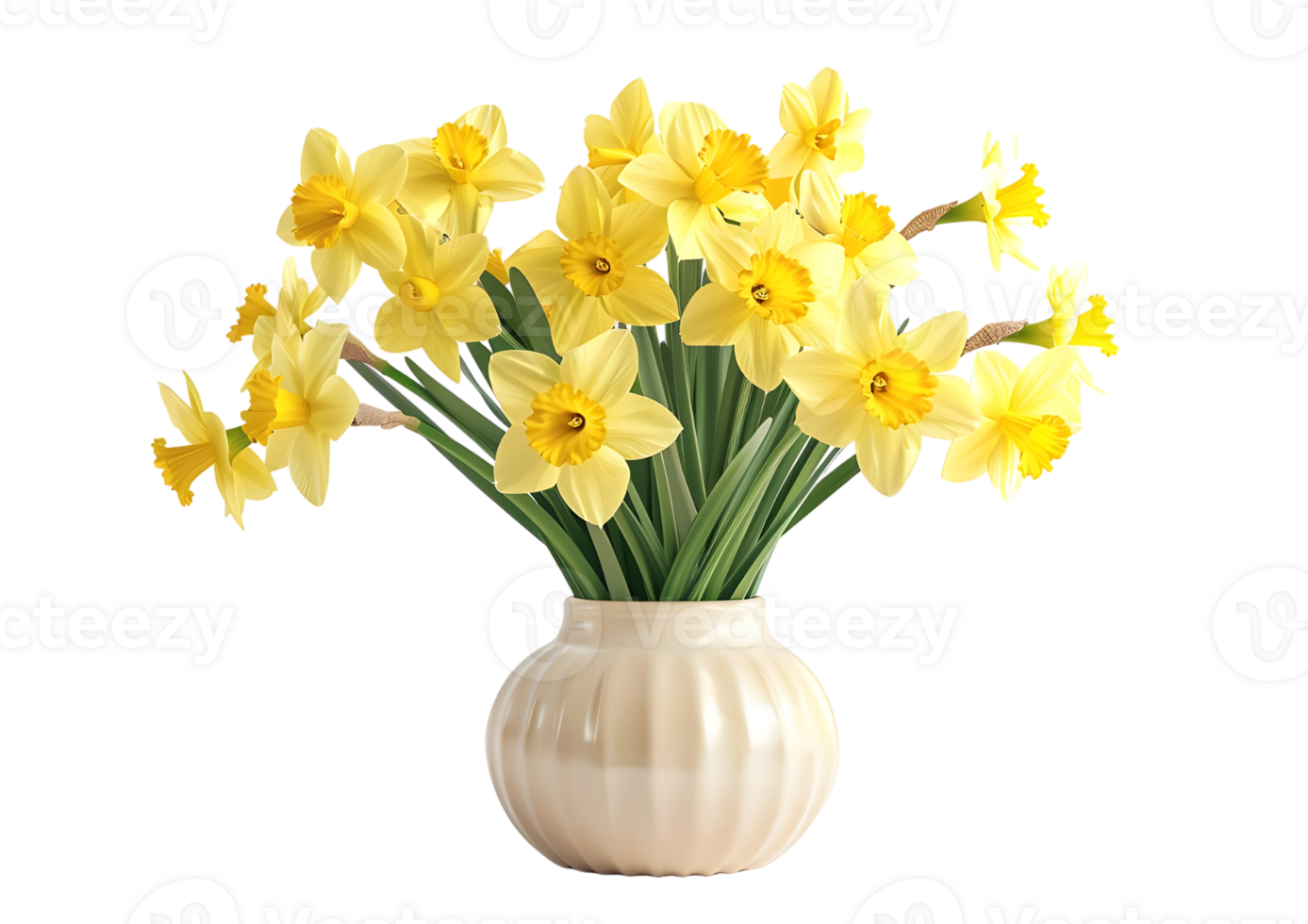 Beautiful Bouquet of Yellow Daffodils in a White Vase. Isolated on transparent background png