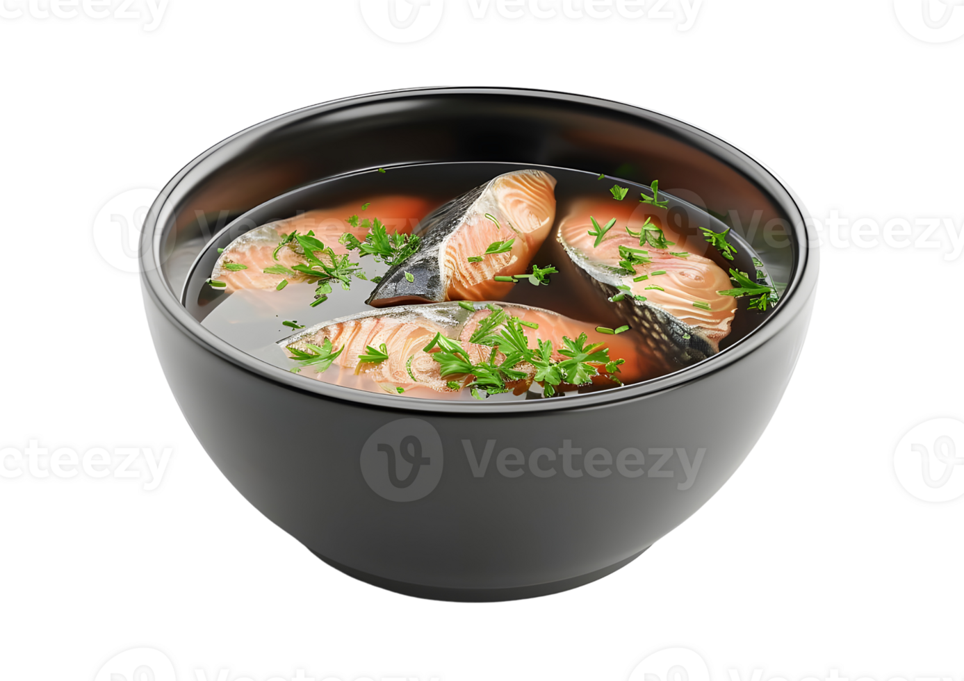 Lentil soup garnished with fresh herbs in a black bowl. Isolated on a transparent background. png