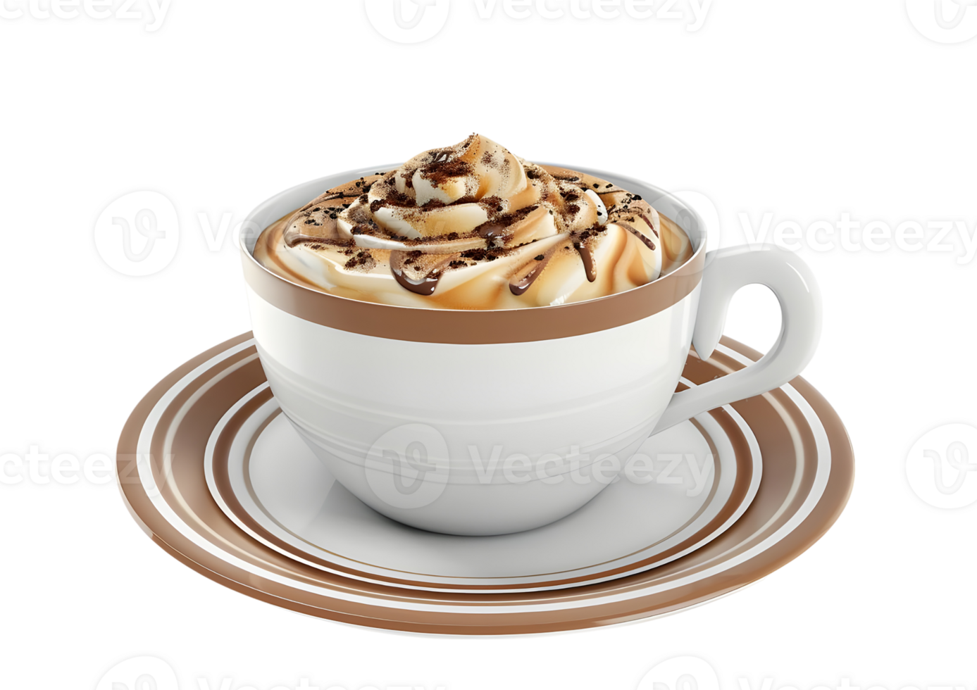 A cup of coffee with whipped cream and chocolate sauce. Isolated on transparent background png