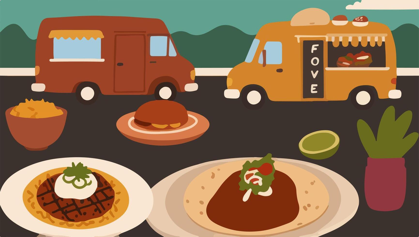 Food Trucks Offering Diverse Culinary Delights vector