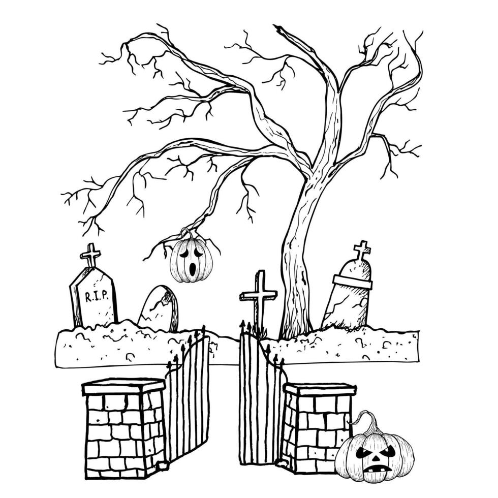 old abandoned cemetery with gate. Hand painted linear autumn tree illustration. Graphic monochrome tombstone art for tattoo, symbol of death, halloween, horror. Isolated on background. For vector