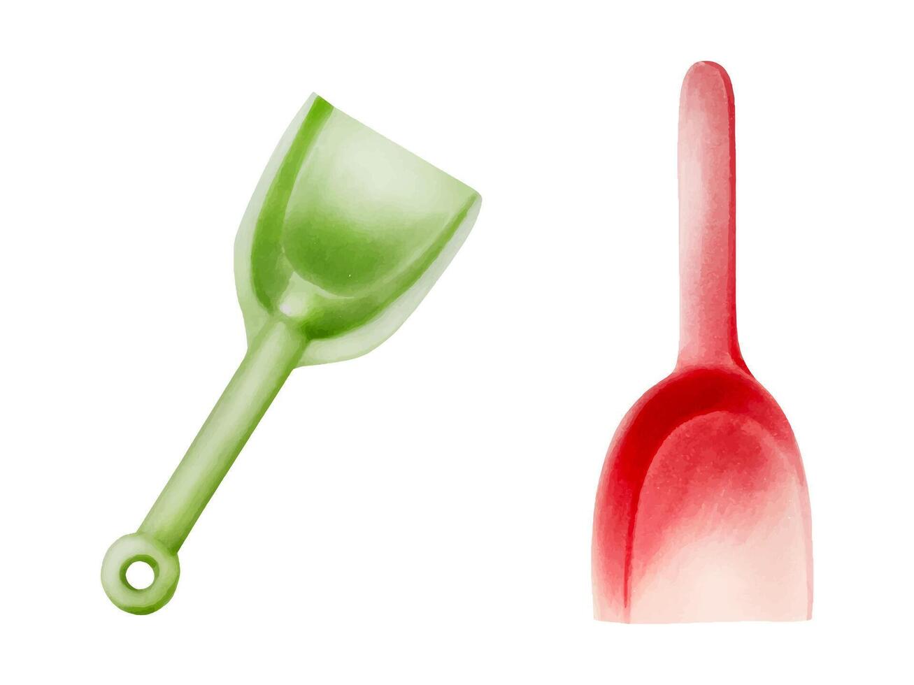 Green and red plastic children's shovels. Watercolor hand drawn set of kids toy for the sandbox illustration isolated on background. For designers, pos vector