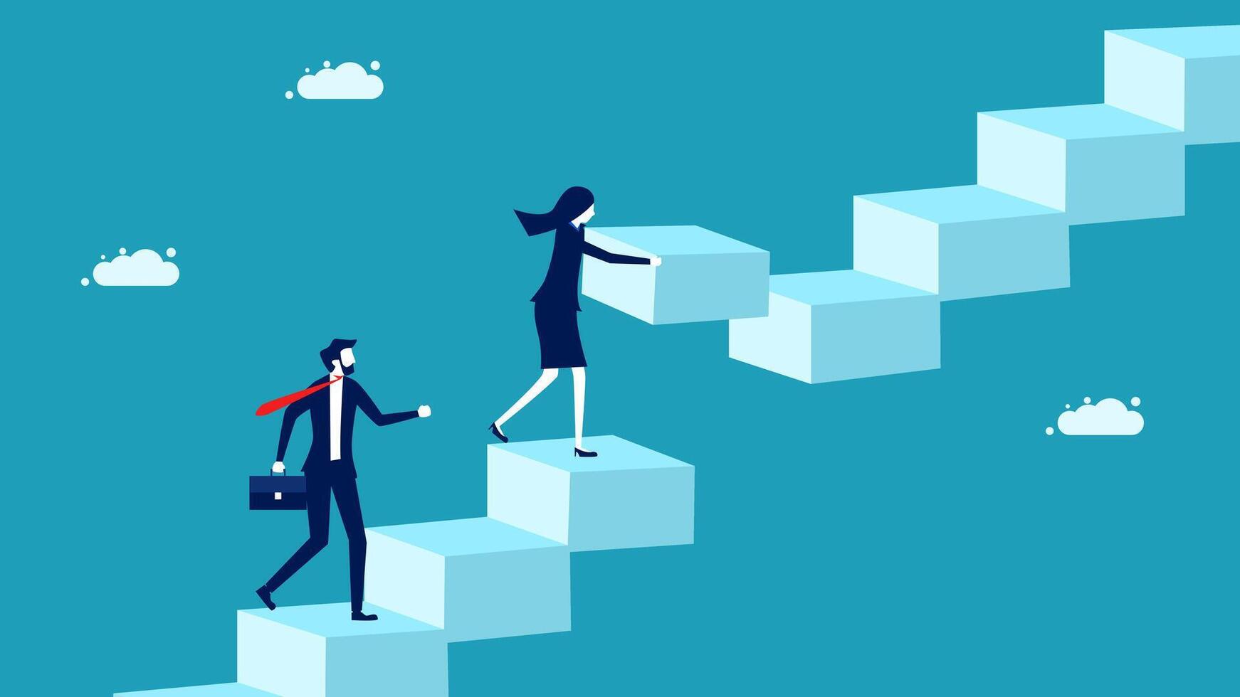 business people climbing up a ladder to reach the top of a cube vector