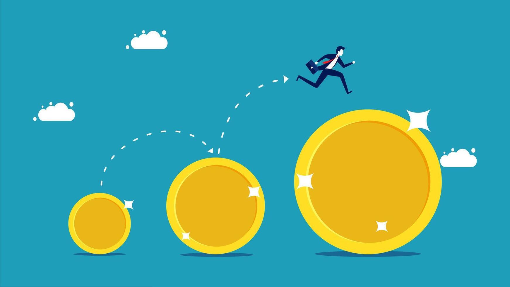 businessman running on top of gold coins vector