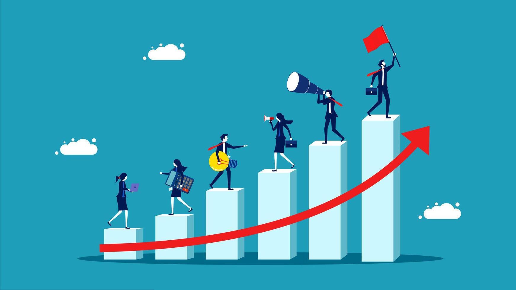 business people climbing up a graph vector