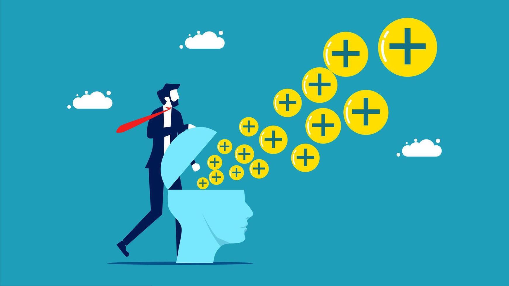 businessman with plus sign on head and money coming out of it vector