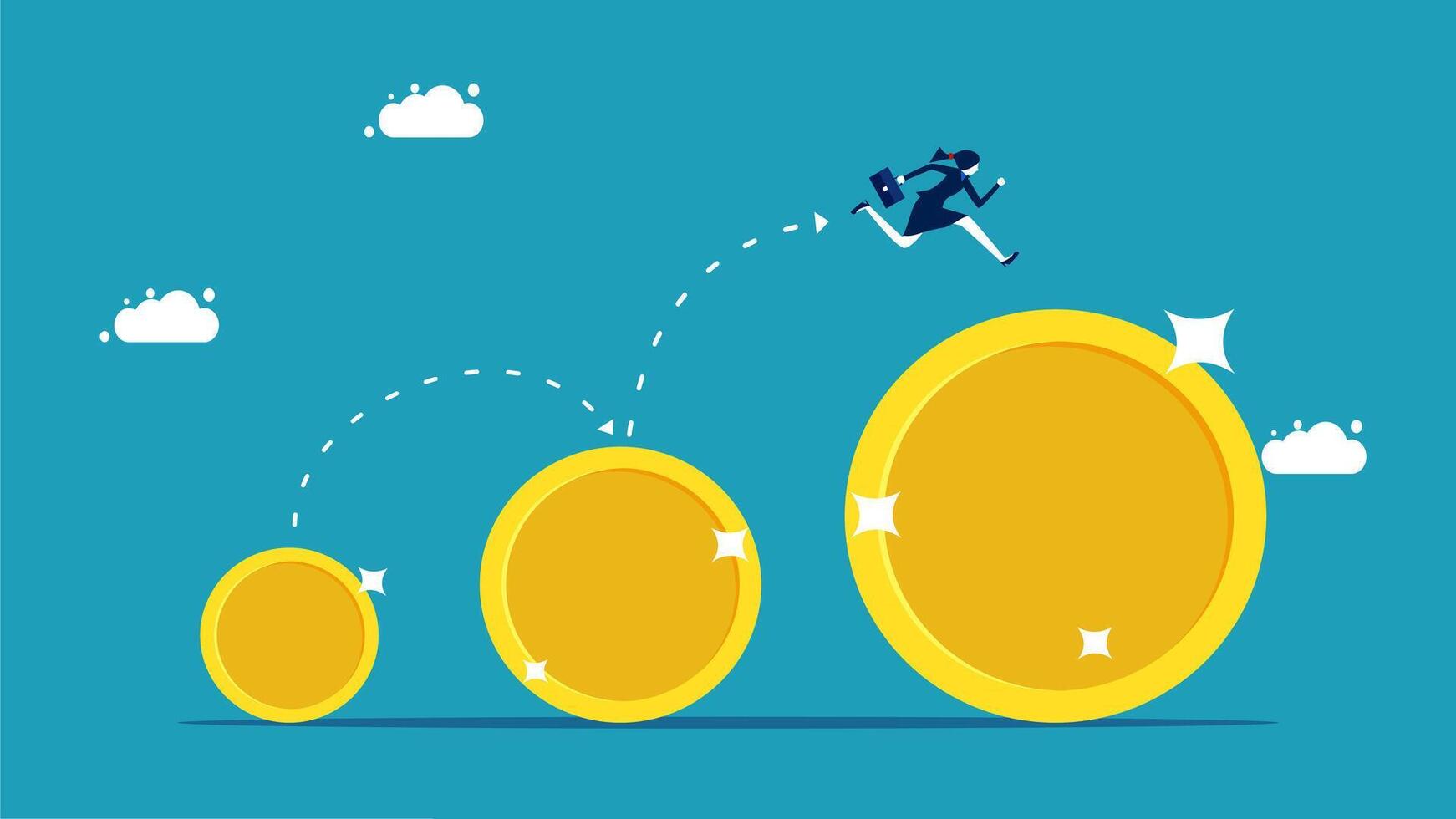 businessman running on top of gold coins vector