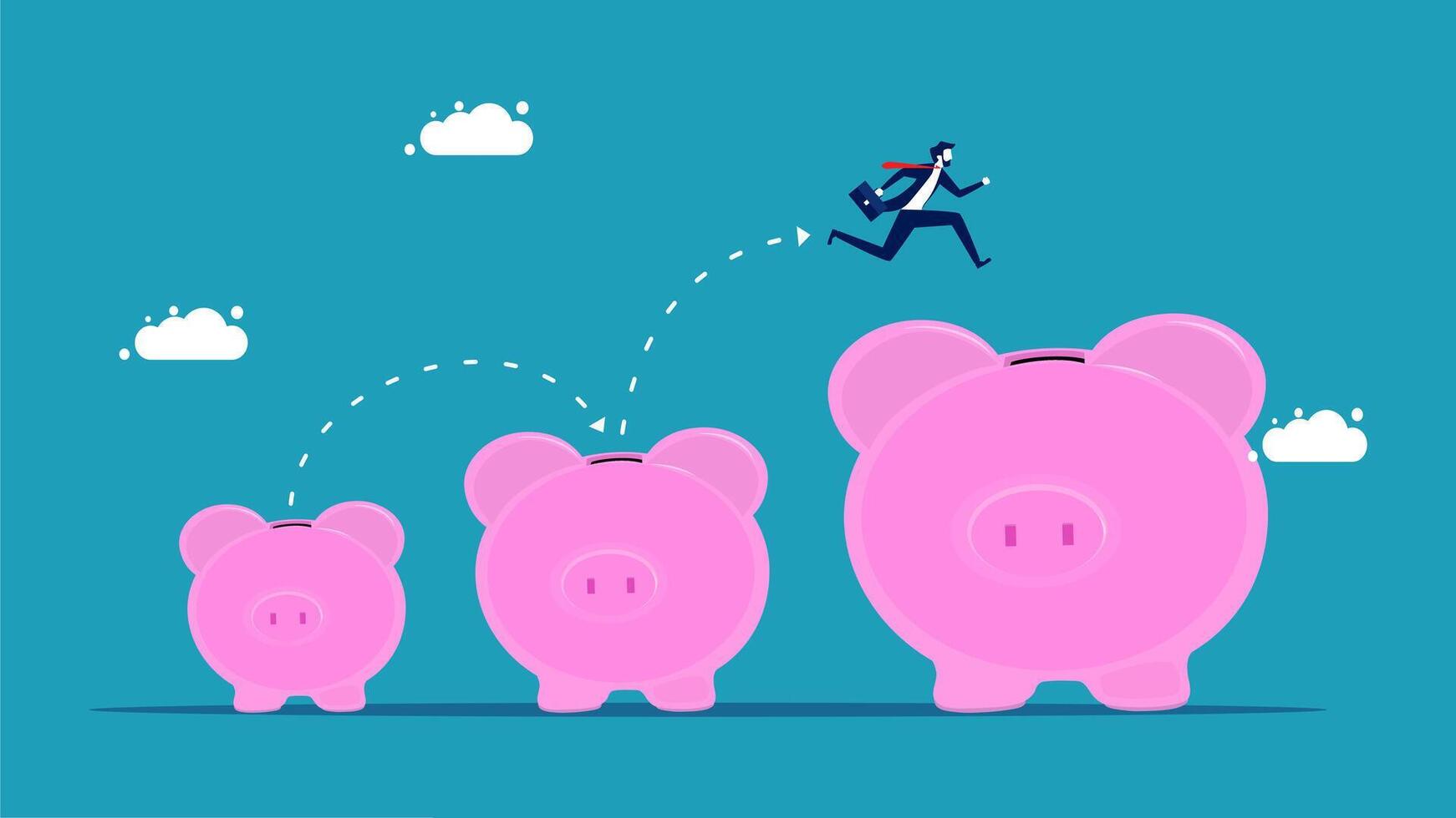 businessman running to the top of a piggy bank vector