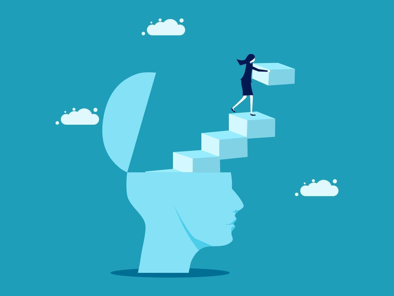 businesswoman standing on top of a cube head with a brain vector