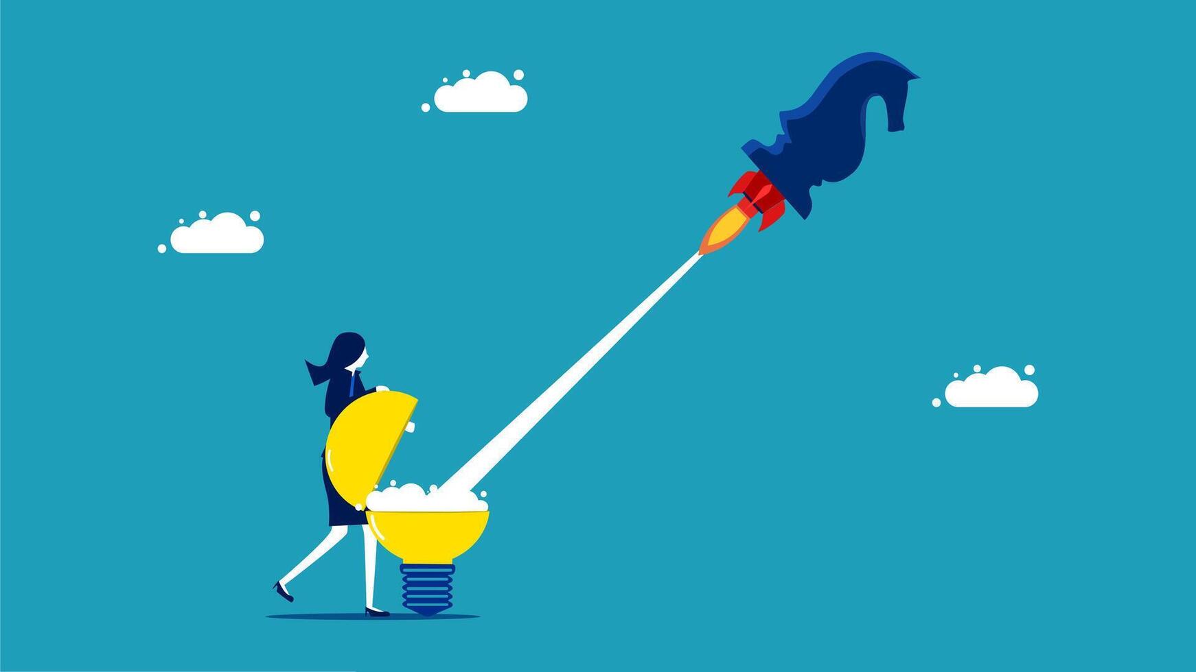 a woman is holding a light bulb and a rocket is coming out of it vector