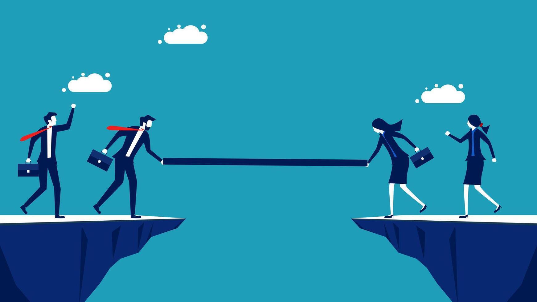 business people pulling a rope across a cliff vector