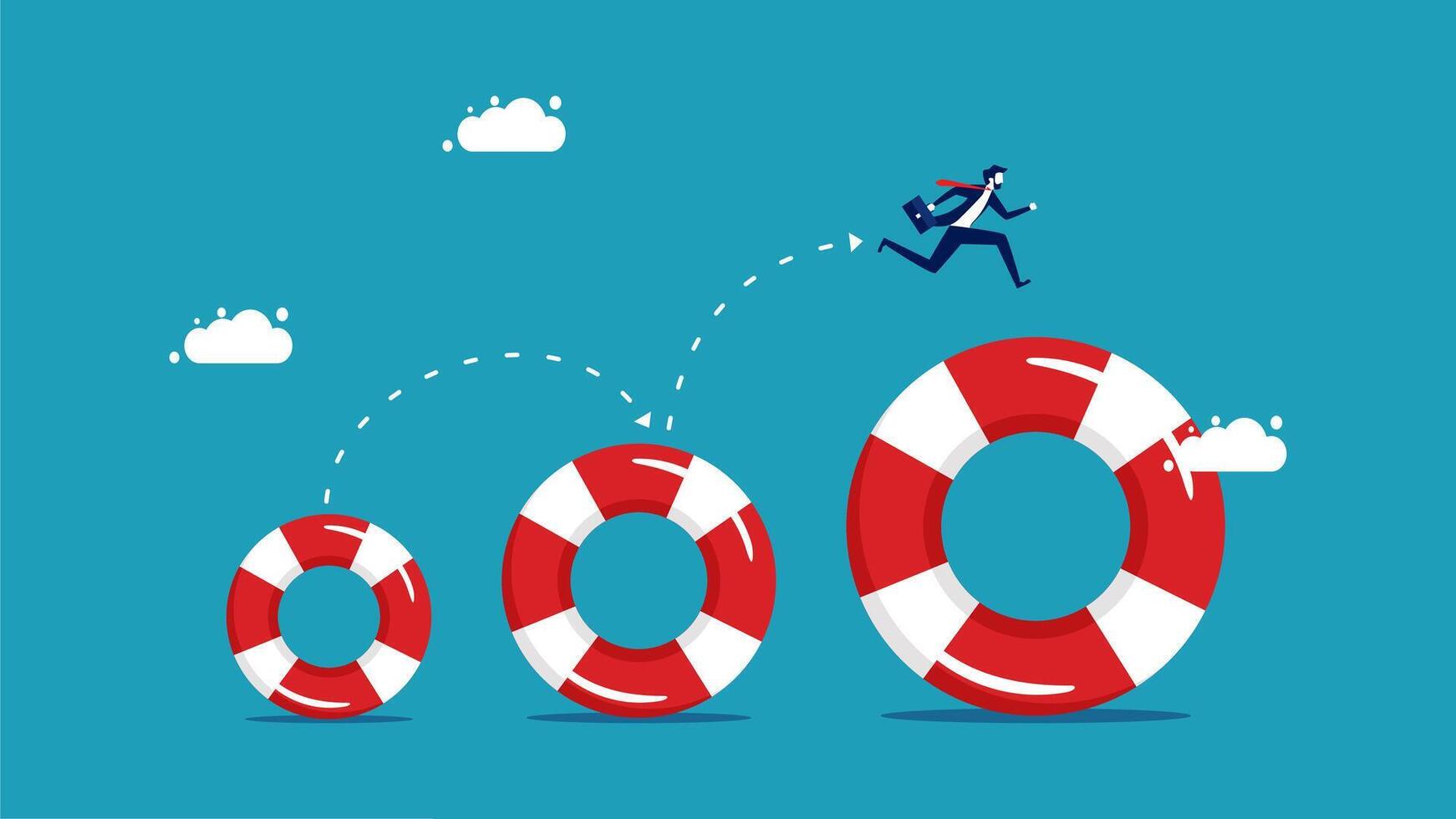 businessman jumping on life preserver to reach the top of the ladder vector