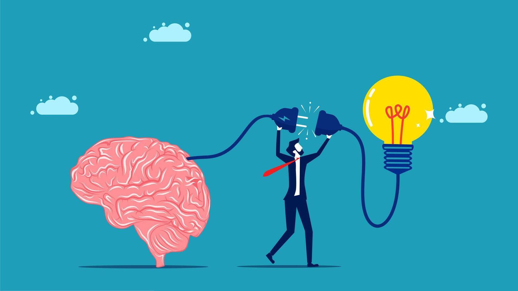 man is holding an electric light bulb over a brain vector