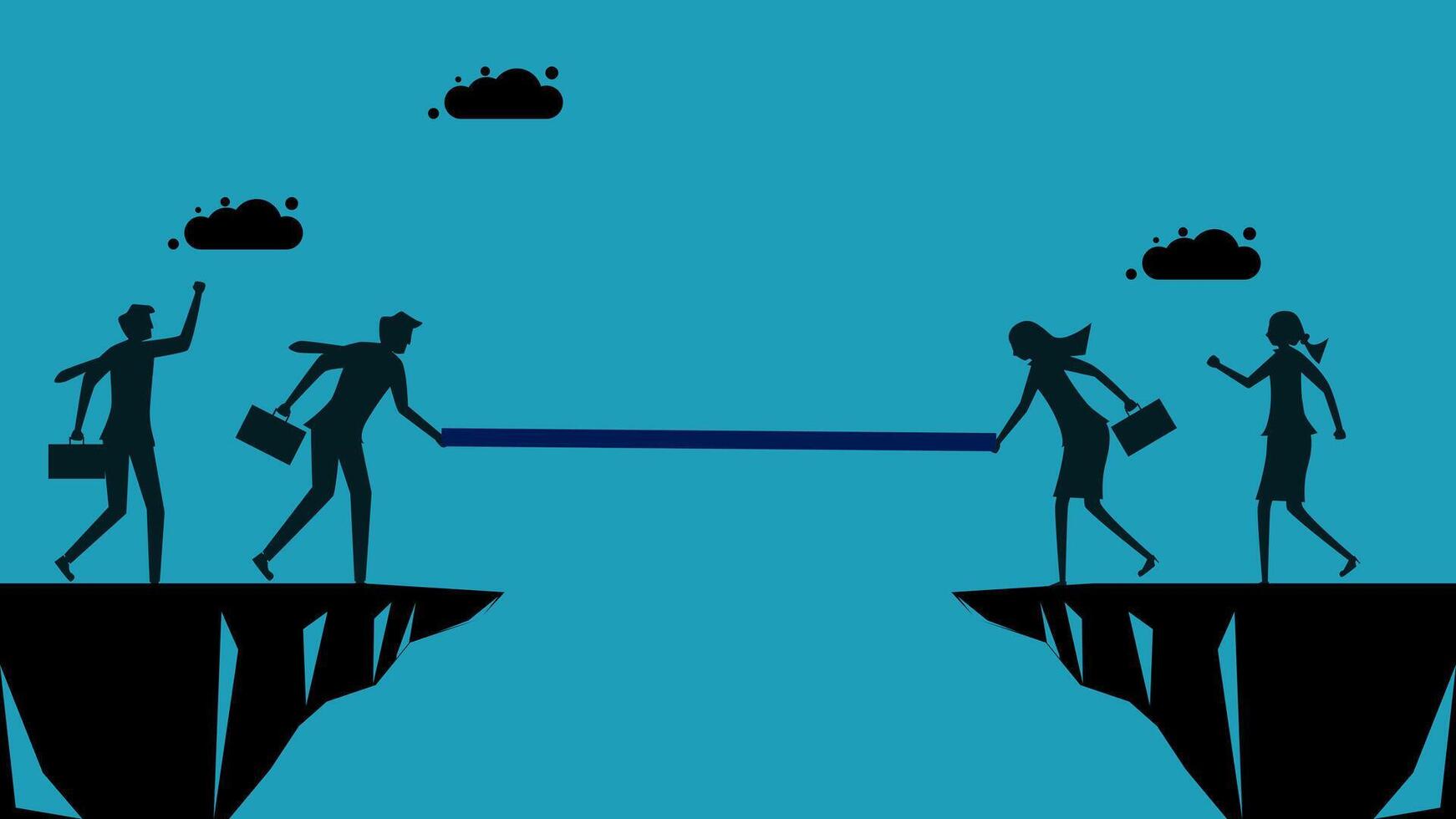 business people are pulling a rope across a cliff vector