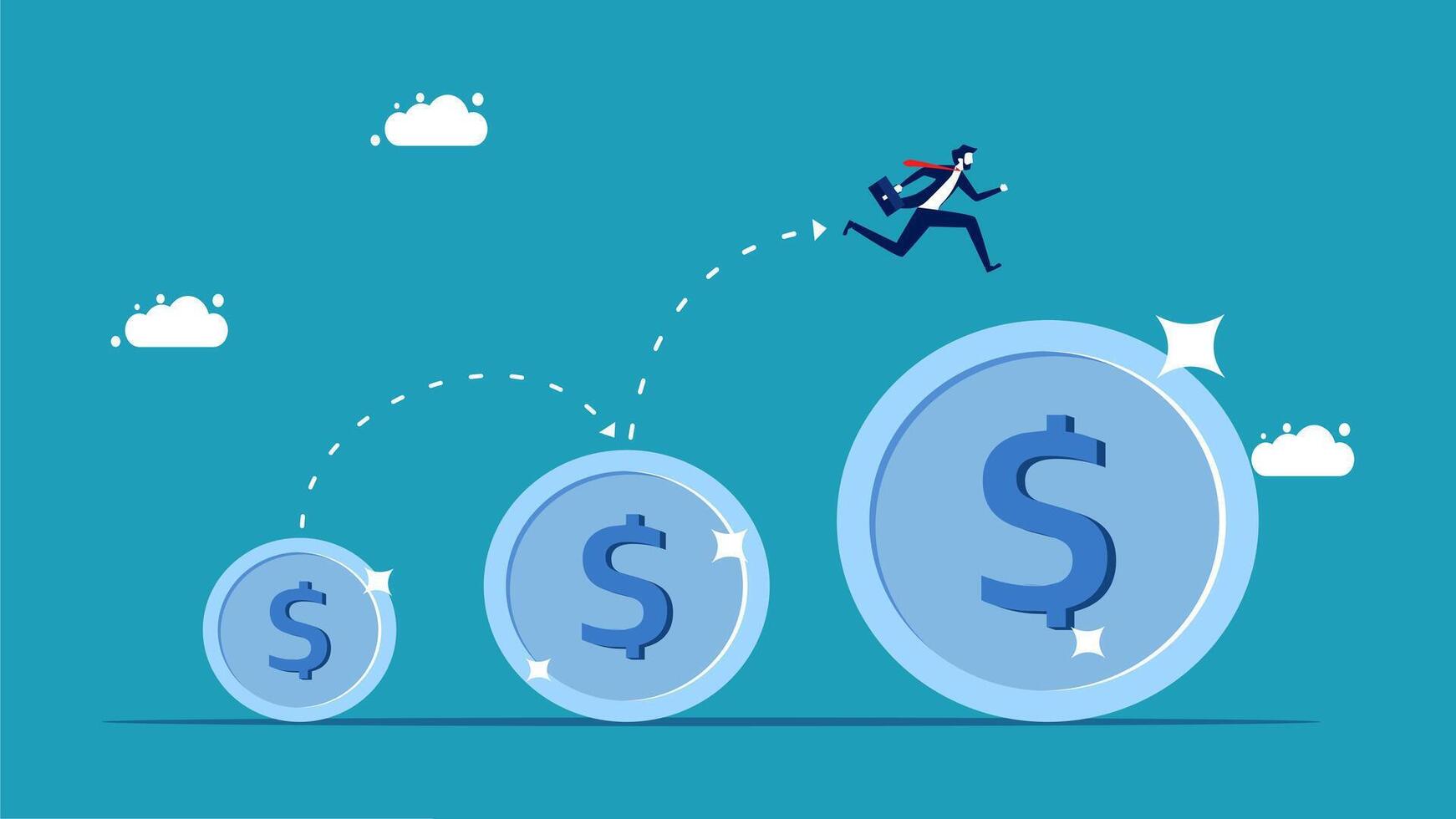 businessman running on top of money coins vector