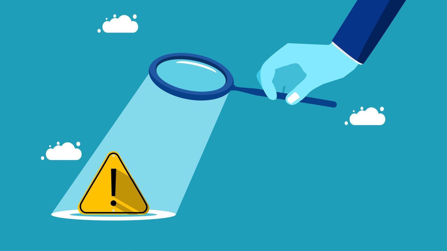 a hand holding a magnifying glass over a yellow caution sign vector