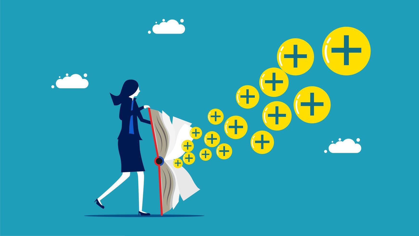 a woman is carrying a bundle of money and money is coming out of it vector