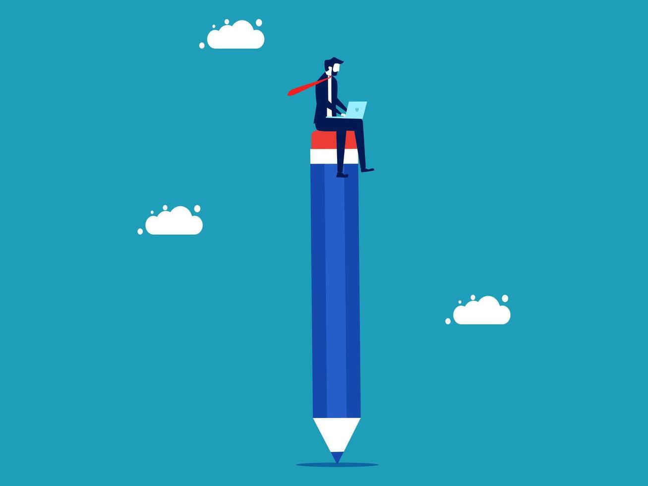 businessman sitting on top of a pencil, with clouds in the background vector