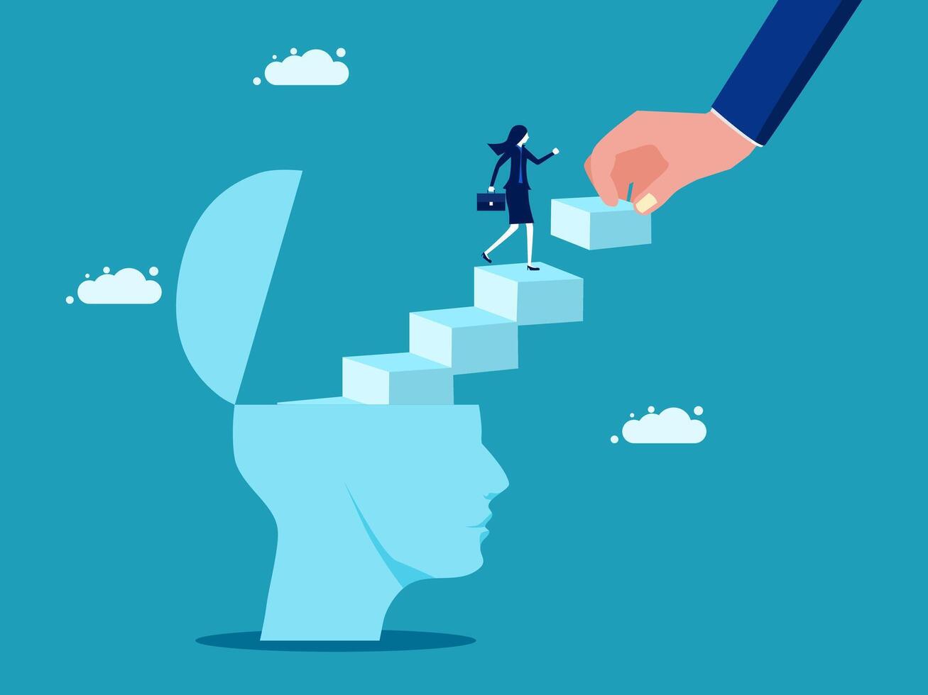 businessman hand pushing a woman up a ladder to the top of a cube head vector