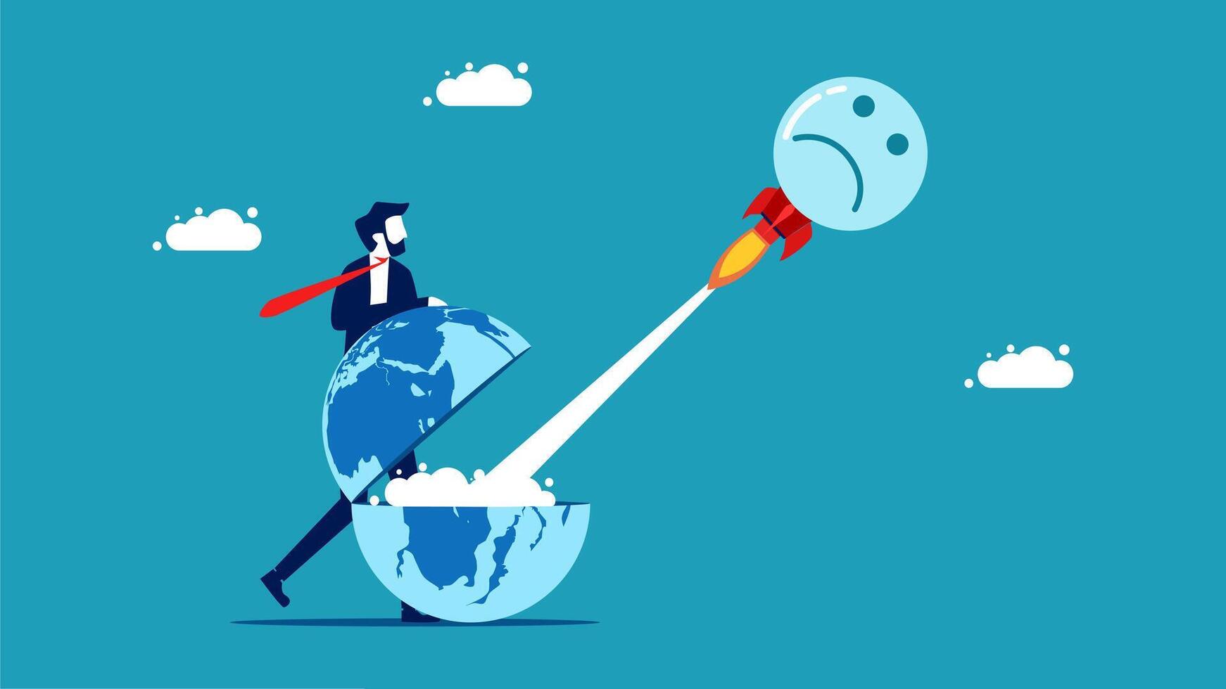 businessman launching rocket to earth with sad face vector