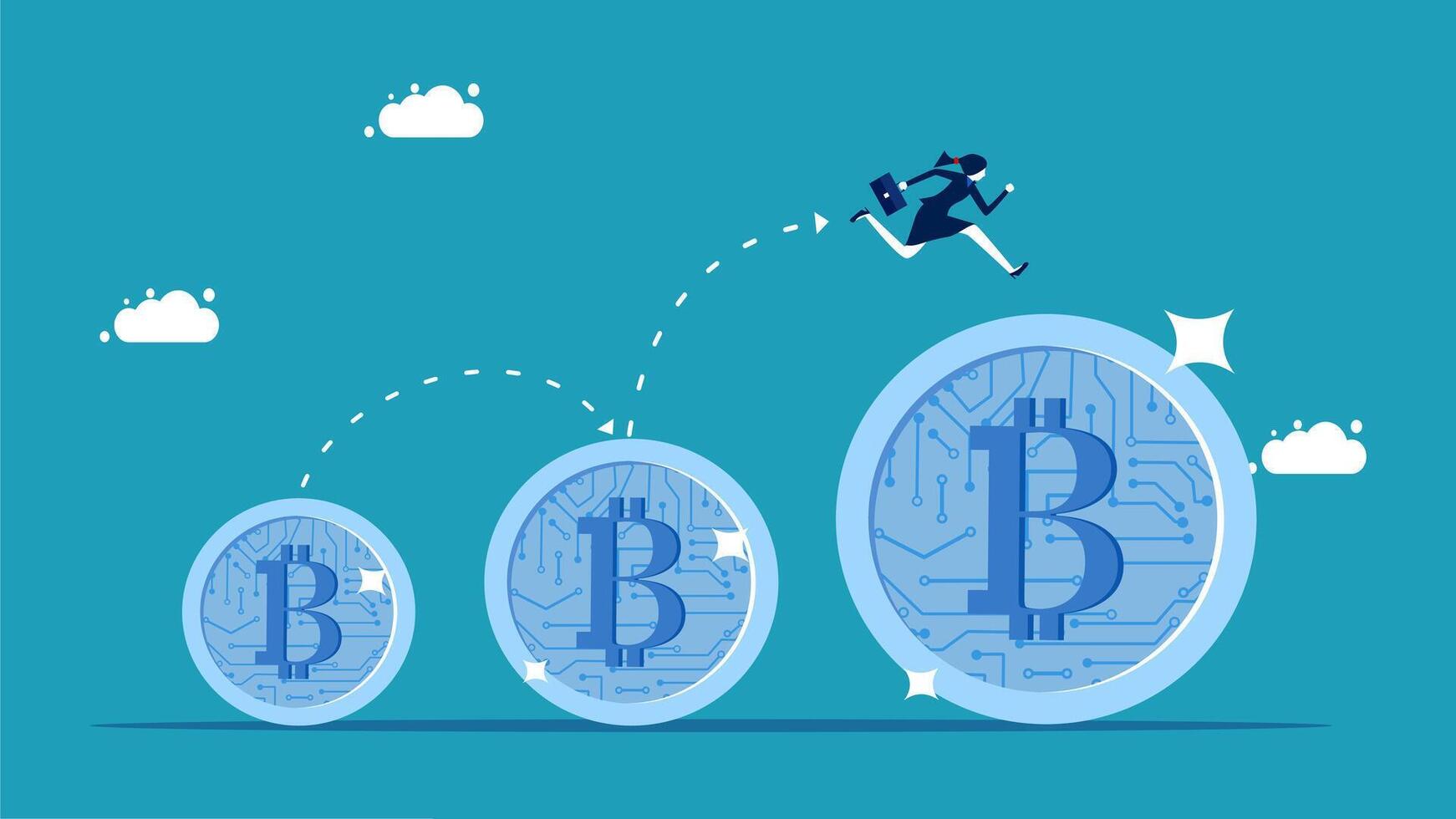 a man is running on top of a stack of bitcoin vector