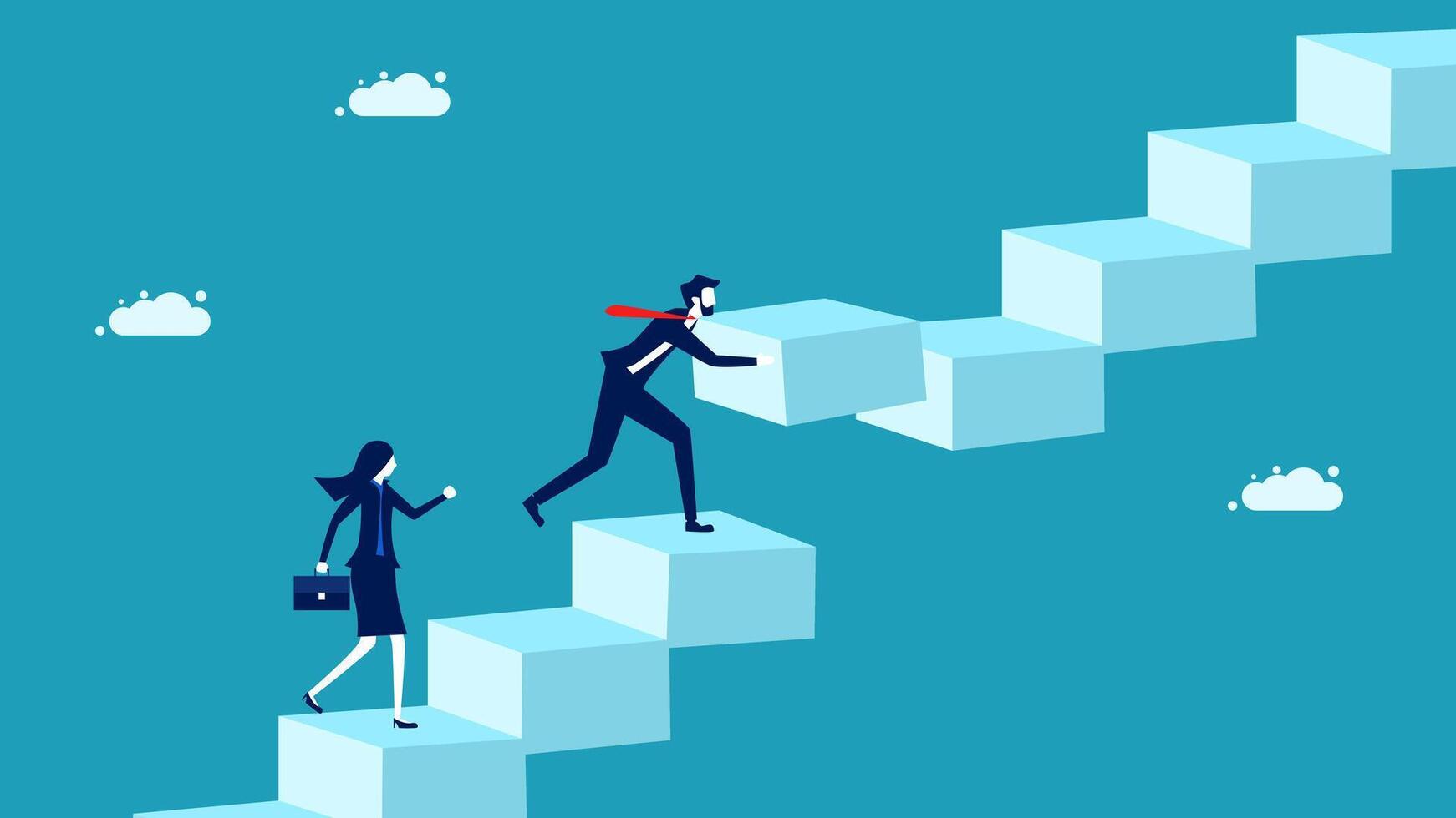 businessman and woman climbing up a ladder to reach the top of a cube vector